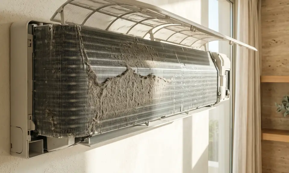 Open AC unit: the coil half clogged with dust, half cleaned